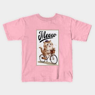 Meow cat riding a bicycle Kids T-Shirt